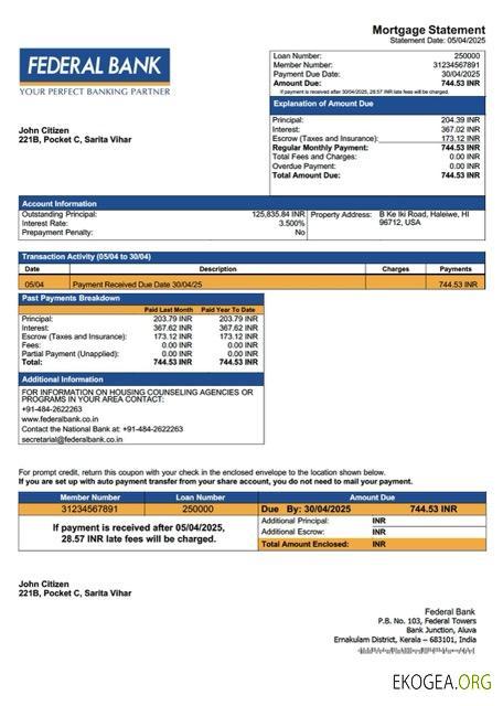 Modèle Word et PDF de relevé hypothécaire de la Banque fédérale d'Inde